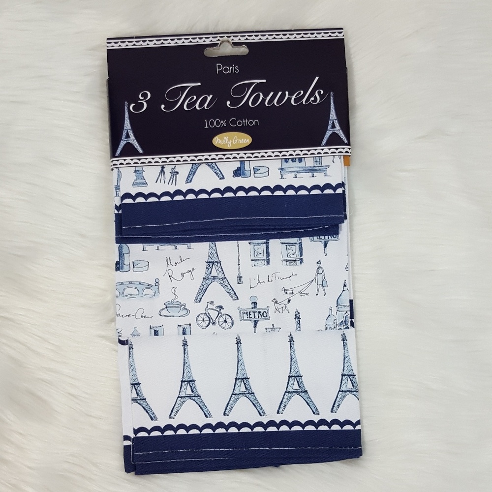 Milly Green Paris Kitchen Tea Towels Blue White
